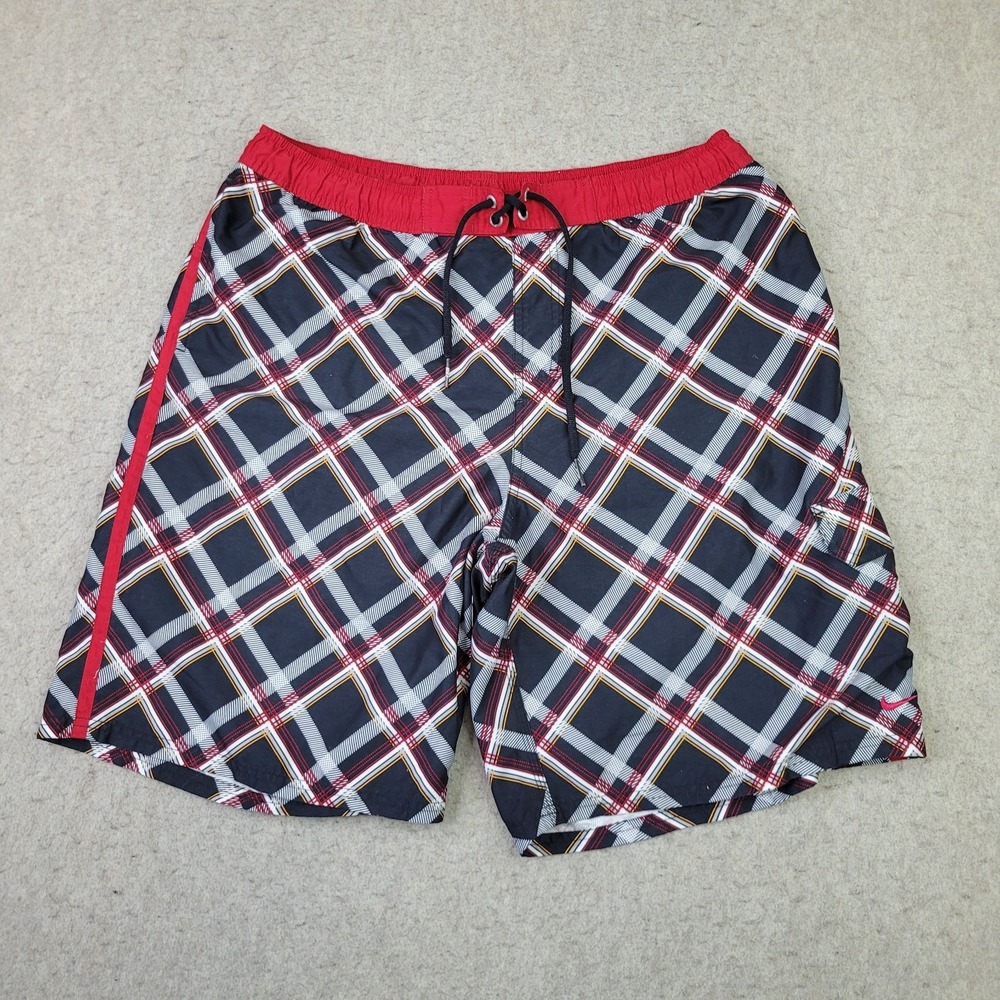 Nike‎ Swimming Trunks Mens XL Red Plaid Lined Drawstring Shorts Performance Flex